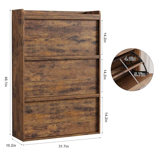 GarveeHome Shoe Cabinet with 3 Flip Drawers, Wooden Shoe Organizer with Adjustable Shelf, Shoe Storage for Entryway, Hidden Shoe Cabinet for Hallway, Living Room, Rustic Brown