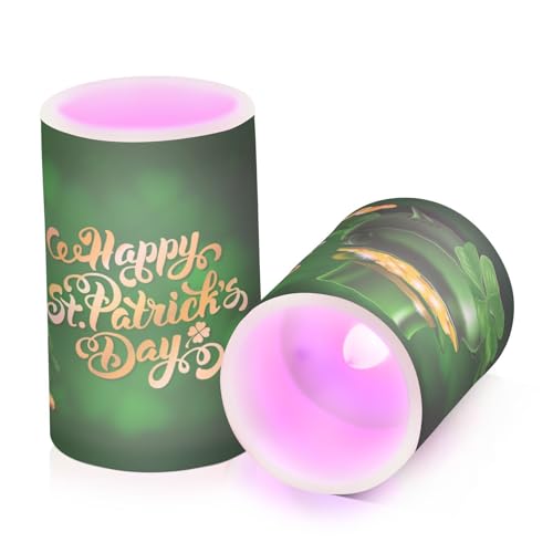 Image of ALAZA St Patricks Day Flickering Flameless Candles Battery Operated with Remote Timer,Tea Light Candles LED Pillar Votive Candles Set of 2 for Outdoor Indoor Decorations