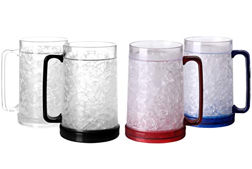 Easicozi Double Wall Gel Frosty Freezer Ice Mugs Clear Set of 4 (White black red and blue)