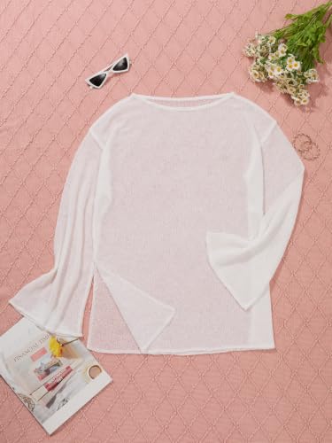 Image of Beach Swimsuit Cover Up Women Dress Bathing Suit 3XS-6XL | Sparkle Lightweight Sheer Sexy Plus Size Crochet Mesh Kaftan Long Sleeve One Piece Vacation Outfits Top Pool Summer Resort