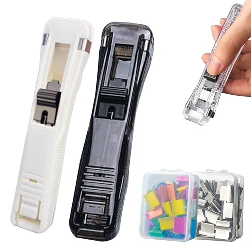 Portable Binder Clip Stapler - Includes 100 Reusable Clips, Klammerloser Hefter, Tragbarer Hefter mit Binderclips, Nachfüllbarem Hefter und Klammerspender-Set für Büro, Schule (Schwarz+Weiß)