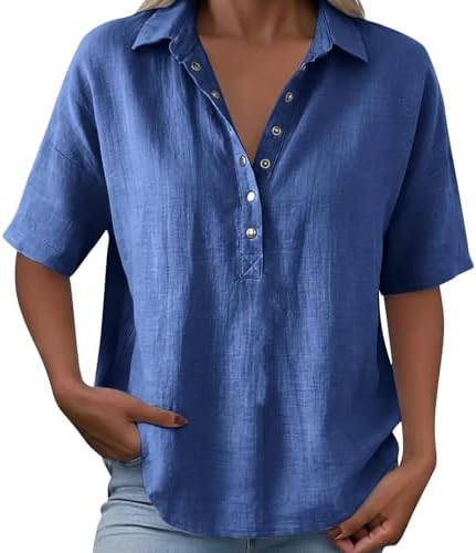 Linen Tops for Women 2026 Summer Cotton Gauze Shirts Button Down V Neck Half Sleeve Blouses Loose Fit Tunic Clothes Blue — view 6