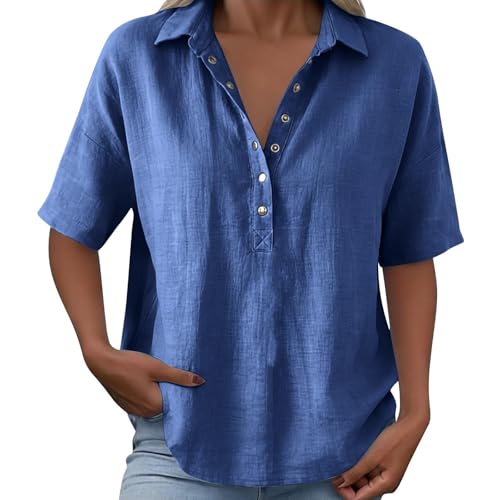 Linen Tops for Women Summer 2026,Short Sleeve Button Down V Neck Womens Casual Loose Fit Gauze Shirts,Breathable Cotton Linen Tops for Beach Vaction Trvael Work Blue L