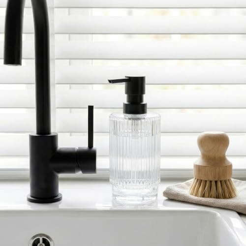 Image of VIMERPA Glass Soap Dispenser with Pump, 10 fl oz Clear Hand Soap Dispensers for Bathroom, Ribbed Style Dish Soap Dispenser for Kitchen, Modern Refillable Liquid Soap Pump Bottle