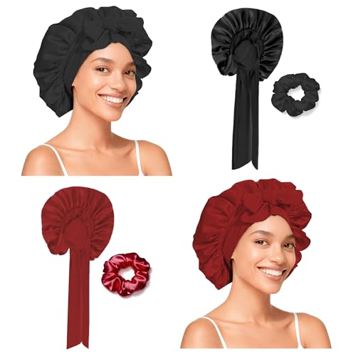 Gorro de seda para dormir, paquete de 2 unidades, con cintura ajustable, gorro de noche de satén para cabello largo y rizado, antiencrespamiento y cuidado de noche para el cabello, gorros de ducha