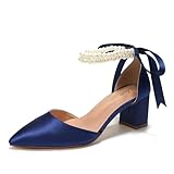 Elivandon J1585 pour Femme Satin Pointe Effilee Talon Moyen Soiree Sandales 6cm Carre Talon Nuptiale Fete Mariage Escarpins avec Double Perle Couleur Bleu Foncé,Taille 38 EU (5 UK)