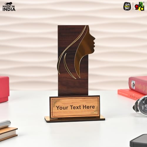 Image of GKD Personalized Wooden Women's Trophy - Printed Custom Name & Message | Female Achievement Award, Corporate Recognition, Leadership Memento (Wood)
