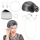SIWOKJJO Oma Perücke, Perücke Halskette Schnurrbart Gläser kurz gelockt Afro Shaggy Perücke, Oma Kostüm Accessoires für 70er 80er 90er Jahre Outfit Damen