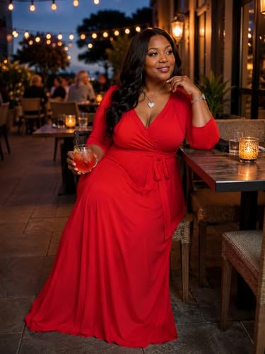 Image of PinkPatty Plus Size Maxi Dress for Women 3 /4 Sleeve Casual Long Dress | Soft stretchy fabric, functional pockets, flattering wrap v neck for vacation, casual wear and everyday styling