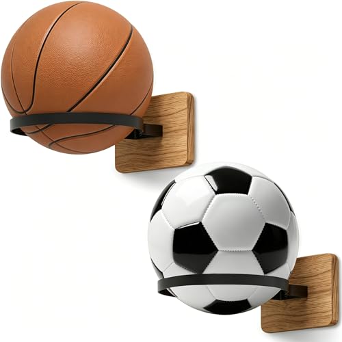 Daoun Football Holder 2 Pcs Ball Holders fo Wall with Wooden Base Ball Storage for Basketball Football Room Decor