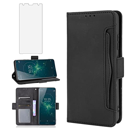 Asuwish Compatible with Sony Xperia XZ2 Wallet Case and Tempered Glass Screen Protector Card Holder Stand Cell Accessories Leather Flip Phone Cover for Experia ZX2 H8266 H8216 H8296 Women Men Black