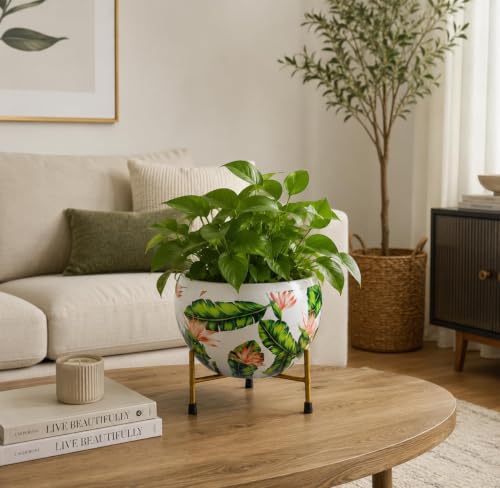 Image of Metal Flower Vase Planter with Iron Stand | Leaf Prints Decorative Indoor Plant Pot for Home Decor | Ideal for Succulents & Small Plants | Sunlit Symphony Design | 6x6x6 Inches