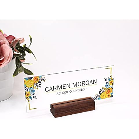 ARTSWAVE Office Desk Name Plate Personalized | Custom Name Plates for Desks on Acrylic Glass Decor | Office Desk Decor Nameplate | Desk Accessories | Yellow Flower Cover