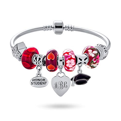 Personalize Initial Graduation Cap Honor Student Good Luck Theme Crystal European Bead Multi Charm Bangle Bracelet For Women Teens .925 Sterling Silver Snap Barrel Clasp #TOP1