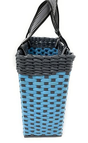 Image of Paperus, Small, Sky Blue & Grey, Carry Bag, Handbag, Tiffin Basket, Lunch Bag for Office, Rectangular, Eco-Friendly, Handmade of Paper Ropes, in Inch 11 H, 10 L, 5 Wide Base, 10 Liter