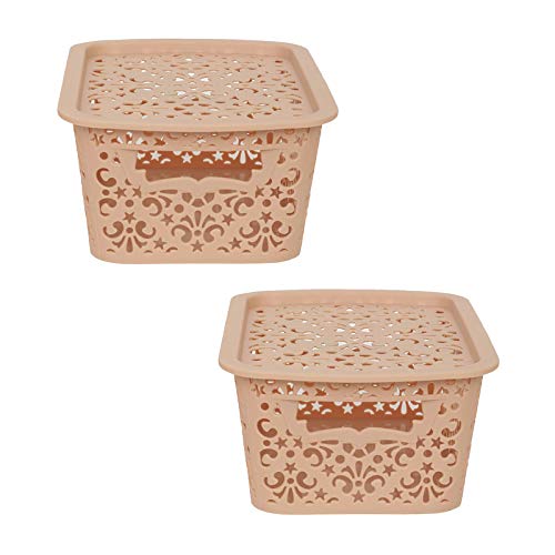 Image of Cutting Edge Essentials Plastic Storage Baskets /Shelf /Turkish Rack with Lid - Set of 2 for Fruit Vegetable Bathroom Stationary Home Basket with Handle (Beige, Small)