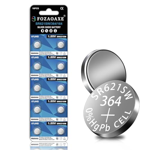 FOZAOAXE AG1 SR621SW Watch Battery 10 Pack 364 Watch Batteries Long-Lasting & Leak-Proof LR621 164 SR60 Silver Oxide Button Coin Cell Battery