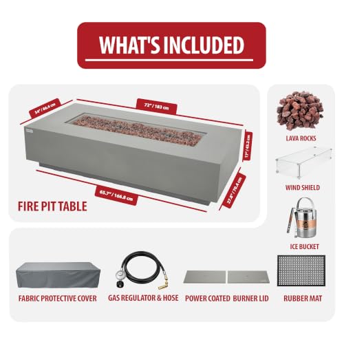 Image of AMS Creations | Savanah 72 inch Bundle Rectangular Cast Concrete Natural Gas Fire Pit Table | Light Gray | Smooth Texture Surface | Electronic Ignition | Outdoor Patio Heater Outside Backyard Fireplace