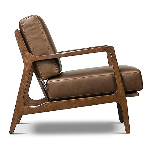 Image of Poly & BARK Verity Leather Accent Chair - Armchair with Walnut Wood Frame - Fashion-Forward Lounge Seating for Living Room - Upholstered in Cocoa Brown Leather for Modern Style