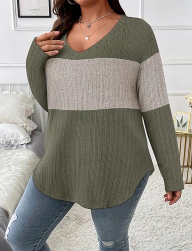 Image of Koscacy Women Plus Size Casual Knit Sweater V Neck Solid Color Tops Lightweight Long Sleeve Blouses
