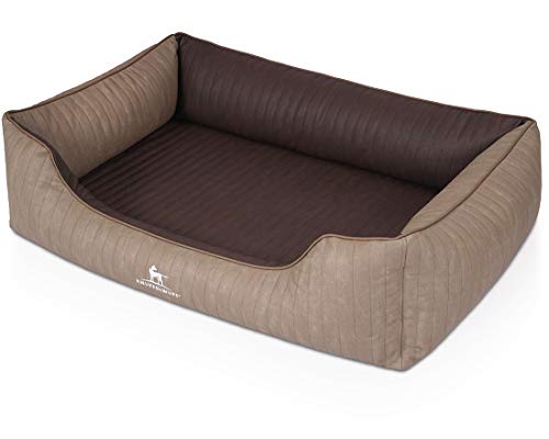 Knuffelwuff Orthopädisches Hundebett Outlander aus Laser-gestepptem Kunstleder XXL 120 x 85cm Natur/Braun - Abnehmbarer Bezug - leicht zu reinigen - für große, mittelgroße und kleine Hunde