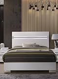senfeii Modern Queen Bed Frame with High Gloss White Finish, LED Backlit Headboard, Chrome Block Legs, Contemporary Design