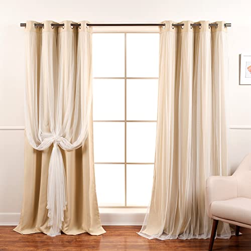 Best Home Fashion Set Of 2 Lace Tulle Overlay Thermal Insulated Solid Blackout, Stainless Steel Nickel Grommet Window Panels For Bedroom, Living Room, Dining Room - 52" W X 96" L, Beige #TOP7