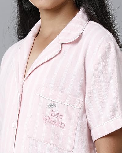Image of Under Fourteen Only Girls Brushed Flannel Check Night Suit Set | Cotton Printed Mandarin Collar Top with Contrast Buttons & Piping | Full Sleeve Sleepwear with Elastic Waist Pants & Pockets