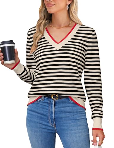 Blooming Jelly Womens Sweaters Striped V Neck Fall Outfits 2024Color Block Pullover Tops Winter Clothes