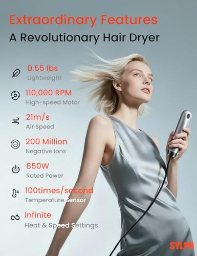 Image of SYLPH Mini High-Speed Hair Dryer, 110,000 RPM Fast Drying Portable Blow Dryer, 0.55lb Ultra-Lightweight, 200M Negative Ions & Smart Temp Control, Luxury Travel Hairdryer for Home, Gym & Hotel