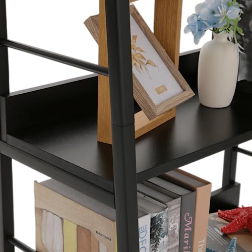 Himimi Industrial Bookshelf,Ladder Shelf 5 Tier Narrow Bookcases Floor Freestanding Storage Rack Leaning Book Shelves,Plants Flower Stands with Metal Frame for Living Room, Home Office,Bedroom, Black - Thumbnail 7