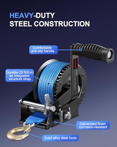 Image of Kolvoii 1200 lbs Boat Trailer Winch with Strap, Portable Hand Winch, 2-Way Ratchet 4:1 Gear Ratio for Boat, Trailer, Marine and Jet Ski, 26FT Strap, Blue