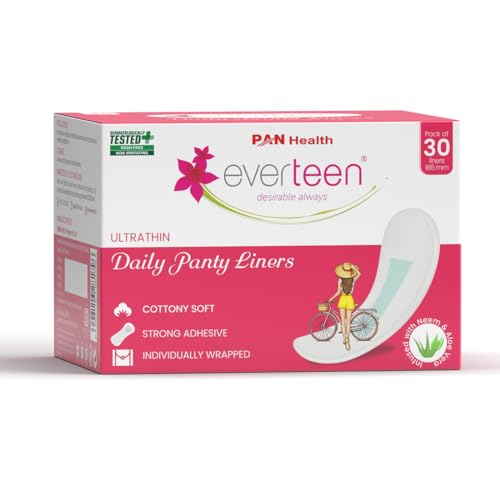Image of everteen Panty Liners for Women, 30 Liners 185mm with Aloe Vera & Neem, Ultra thin Cottony Soft Pantyliners, Prevents White Discharge & Rashes, Comfort on Non Period Days