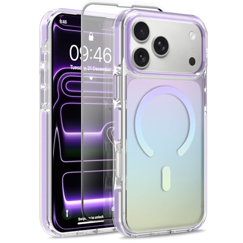 Image of Magnetic Case for iPhone 17 Pro Max [Compatible with Magsafe] [Anti-Yellowing] [1 Screen Protector] Slim Clear Iridescent Case for iPhone 17 Pro Max 6.9 inch 2025, Purple