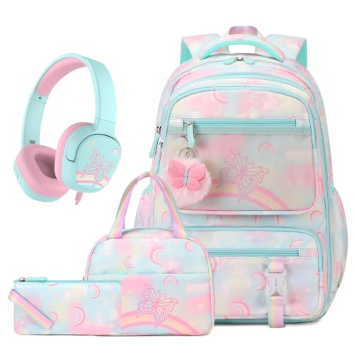 Scothen 4PCS Rainbow Butterfly Girls Backpacks with Headphones & Lunch Box