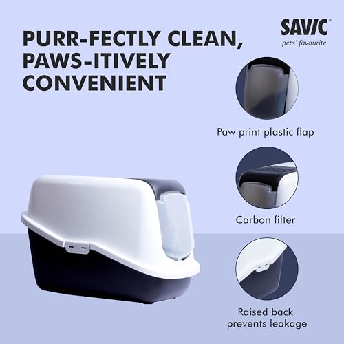 Image of Savic Nestor Covered Cat Litter Box for Indoor Cats, Enclosed Hooded Cat Toilet Home with Flip-Up Door, Odor Control & Easy Cleaning Design - Black, 22x15x15 Inch | Covered Hooded Design