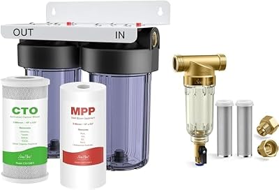 SimPure 100/500 Micron Spin Down Sediment Filter with 2-Stage Whole House Filter, Reduce Odor, Chlorine, Taste, Iron, Lead, Pre-Filtration System for City/Well Water,Brass Port, BPA Free