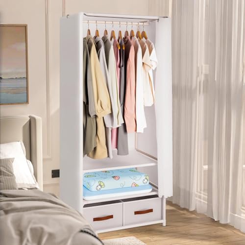 SumDepot 1 列棚ワードローブ 組立式 大容量 ハンガーラック 布製 洋服整理 引き出し付き カバー 収納ボックス対応 省スペース 多層構造 ホワイト [4]