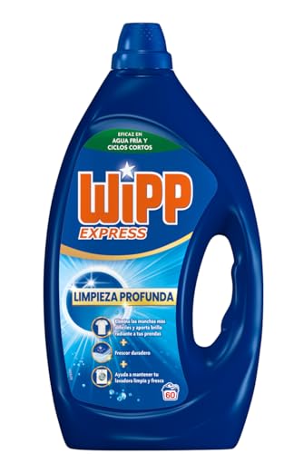 Wipp Express Limpieza Profunda Gel 60 lavados detergente líquido con potente acción quitamanchas ropa, deja un frescor higiénico en la lavadora, apto para agua fría