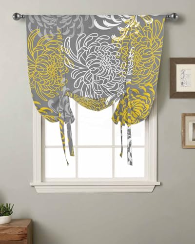 Yellow Gray Floral Tie Up Curtains for Windows 63 Inch Length Balloon Curtains Kitchen Adjustable Balloon Window Shade Farmhouse Retro Abstract Flowers Art Tie Up Bathroom Curtain Window 42