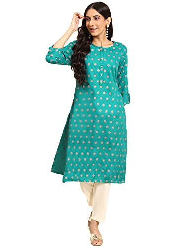 Image of rangita Turquoise Rayon Calf Length Printed A-line Kurti for Women | Kurta for Women
