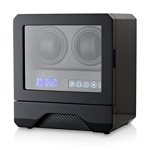 Double Automatic Watch Winder with Storage Drawer, LED Backlight and Motor-Stop Option (Black)