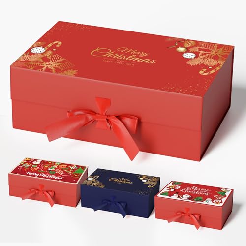 GIFTSAY Scatole regalo magnetiche natalizie con motivo dorato, 32,2 x 20,3 x 11,4 cm, rosse dal design unico, scatole natalizie con coperchio, grandi scatole regalo di carta per regali di Natale (1