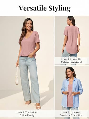 Image of Womens Deep V Neck T Shirts Oversized Side Split Summer Sexy Tunic Tops