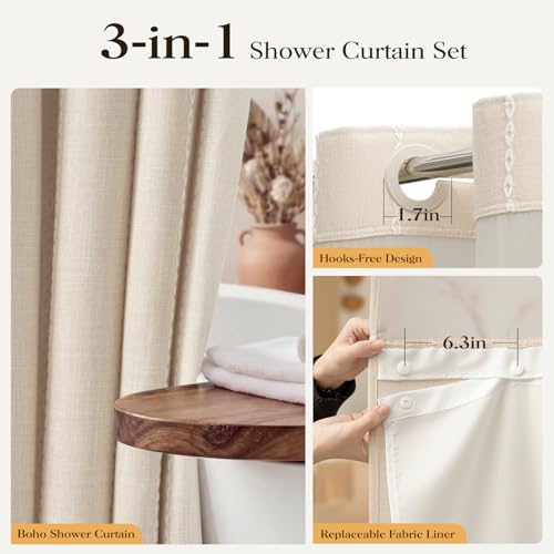 BTTN 3 in 1 Stall Shower Curtain Set, 60x75 Inch Narrow Boho Vintage Farmhouse Style, Waterproof Linen Fabric Shower Curtain with Tassel, Washable Snap in Liner with Magnets, Mesh Window, Beige/Cream by BTTN - Used condition - Image 3