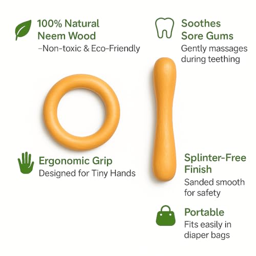 Image of Shark Doo Doo Neem Wood Baby Teether Combo (Ring & Stick) | Organic & Handcrafted | Chemical-Free, Antibacterial Teething Toy for Babies