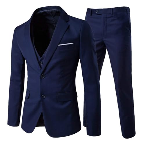 Men's 3-Piece Suit 2 Buttons Slim Fit Solid Color Jacket Smart Wedding Formal Suit, Navy, Medium