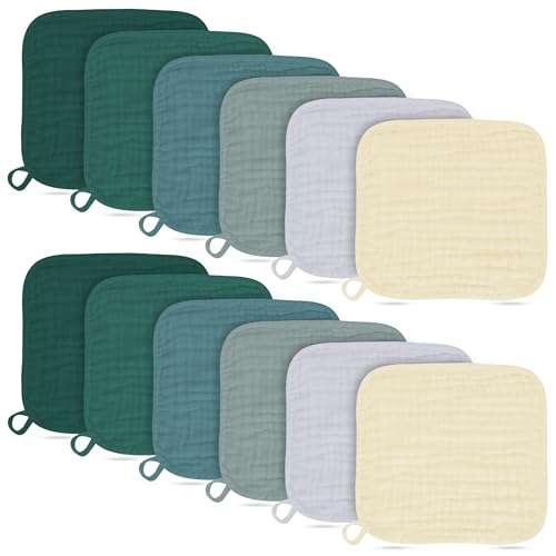 Image of BAMBOO QUEEN Baby Washcloths -100% Cotton Muslin Soft Baby Bath Wash Cloths and Absorbent Baby Wipes for Newborns Kids Girls and Boys - 12 Pack, 12x12 Inches - Ivory, Slate, Emerald Series