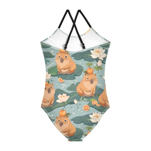 ALAZA Cute Capybara Water Lily Girls One Piece Swimsuit Swimwear Beach Sport Bathing Suit2
