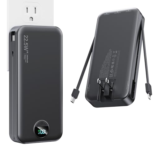 Portable Charger, 20000mAh 22.5W Fast Charging Power Bank with Built-in Cables & Wall Plug, USB C External Battery Pack with LED Display, Travel Essentials Phone Charger for iPhone iPad Sams